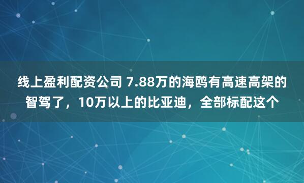 线上盈利配资公司 7.88万的海鸥有高速高架的智驾了，10万以上的比亚迪，全部标配这个